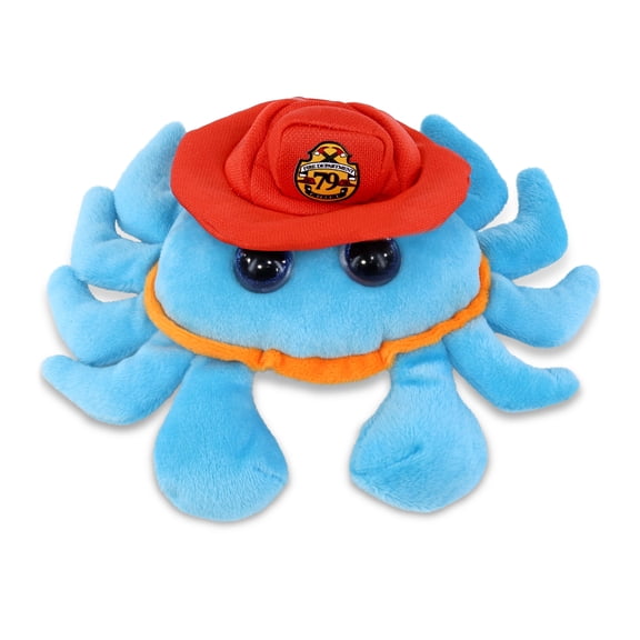DolliBu Big Eye Blue Crab Firefighter Stuffed Animal - Super Soft Crab Fireman Toy with Red Fireman Hat Outfit, Cute Ocean Life Animal Fire Fighter Doll Plush Toy for Kids and Adults - 7 Inch