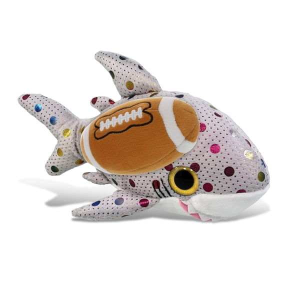 DolliBu Big Eye Dotted Shark Stuffed Animal with Football Plush Soft Huggable Shark, Adorable Playtime Plush Toy, Cute Ocean Life Gift Doll Animal Toy for Kids and Adults 10 Inches