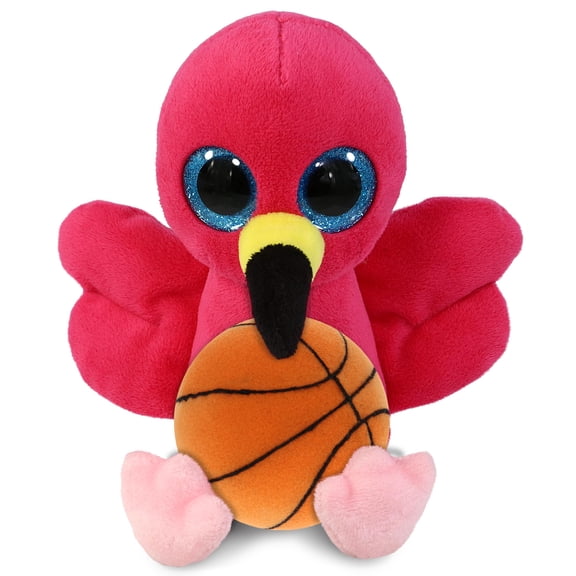 DolliBu Big Eye Flamingo Stuffed Animal with Basketball Plush Soft Huggable Flamingo, Adorable Playtime Plush Toy, Cute Wildlife Gift, Plush Doll Animal Toy for Kids and Adults 6 Inches