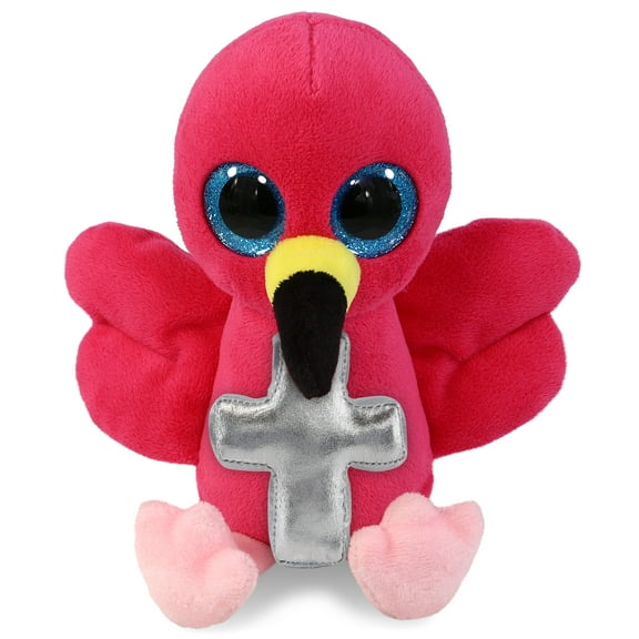 DolliBu Big Eye Flamingo Stuffed Animal with Silver Cross Plush - Religious Baptism Gifts for Boys and Girls, Dedication Christening Gifts Plush Prayer Toy Healing Stuffed Animal - 6 Inches