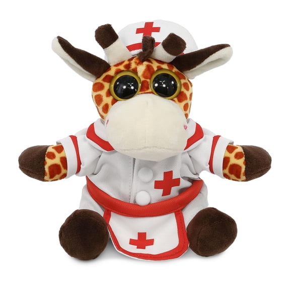 DolliBu Big Eye Giraffe Plush with Nurse Stuffed Animal Dress Up Set - Hospital Costume Giraffe Stuffed Toy with Nurse Dress, Hat, and Apron, Get Well Plush For Kids and Adults - 6 Inches