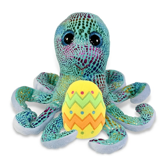 DolliBu Big Eye Iridescent Rainbow Octopus with Yellow Easter Egg Plush - Perfect Stuffed Animals for Easter Basket, Cute Easter Egg Stuffed Animal Spring Toys for Girls, Boys, and Babies - 9 Inches
