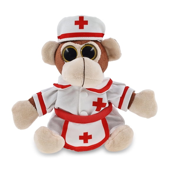 DolliBu Big Eye Monkey Plush with Nurse Stuffed Animal Dress Up Set - Hospital Costume Monkey Stuffed Toy with Nurse Dress, Hat, and Apron, Get Well Plush for Kids and Adults - 6 Inches