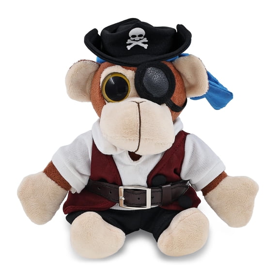 DolliBu Big Eye Monkey Stuffed Animal With Pirate Dress Up Set - Sea Adventure Plush Toy Stuffed Monkey with Cute Pirate Costume - Hat, Shirt, Pants, Eye Patch, Belt - 6 Inches