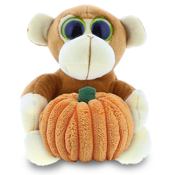 DolliBu Big Eye Monkey Stuffed Animal with Pumpkin Plush Decor - Monkey Pumpkin Plush Animal for Fall, Halloween and Thanksgiving, Pumpkin Plush Toy for Baby, Kids, Adults - 6 Inches