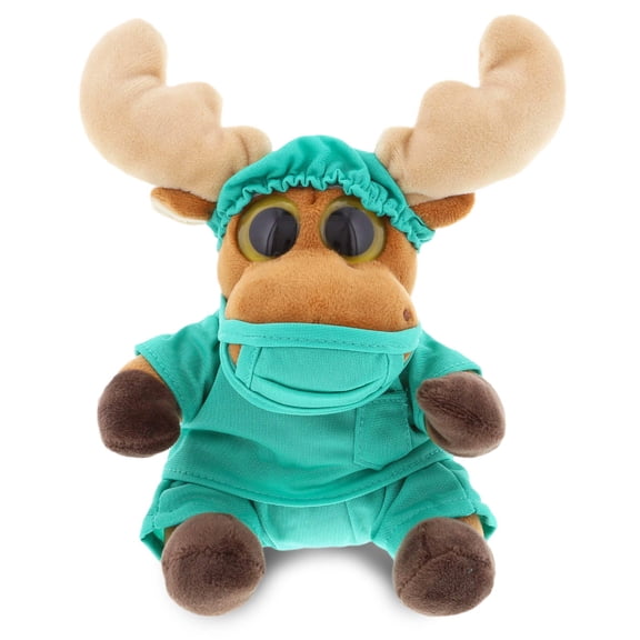 DolliBu Big Eye Moose Doctor Plush Toy - Super Soft Moose Doctor Stuffed Animal Dress Up with Cute Scrub Uniform & Cap Outfit - 6" Inches