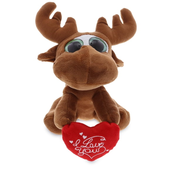 DolliBu Big Eye Moose I Love You Message Stuffed Animal 6 Inch Valentines Day Gifts For Boyfriend or Girlfriend Cute Teddy Bear with Heart Plush Toy for Friend Romantic Anniversary Valentine Gift