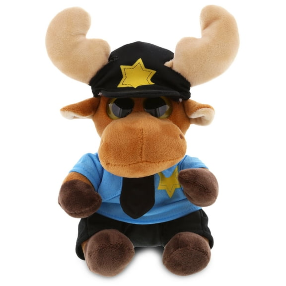 DolliBu Big Eye Moose Police Officer Plush Toy - Super Soft Moose Cop Stuffed Animal Dress Up with Cute Cop Uniform & Cap Outfit - 6" Inch