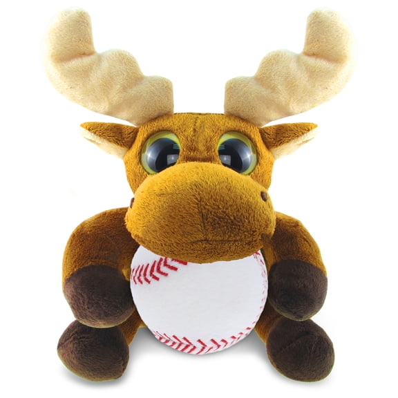 DolliBu Big Eye Moose Stuffed Animal with Baseball Plush - Soft Huggable Moose, Adorable Playtime Moose Plush Toy, Cute Wildlife Gift, Super Soft Plush Doll Animal Toy for Kids and Adults - 6 Inches