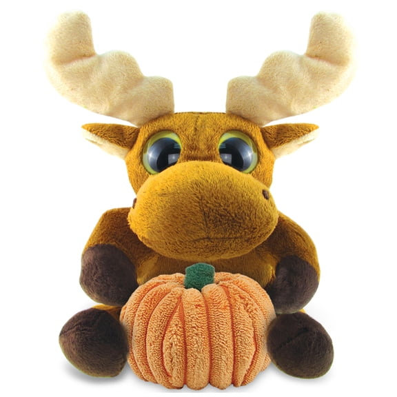 DolliBu Big Eye Moose Stuffed Animal with Pumpkin Plush Decor - Moose Pumpkin Plush Animal for Fall, Halloween and Thanksgiving, Pumpkin Plush Toy for Baby, Kids, Adults - 6 Inches