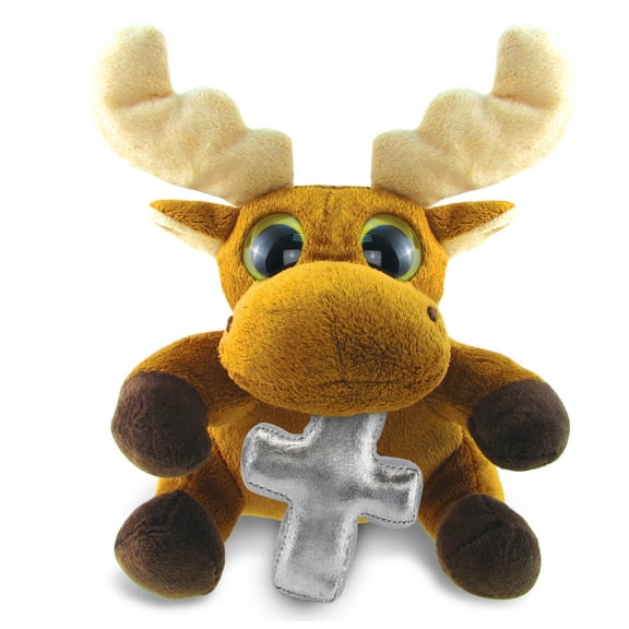 DolliBu Big Eye Moose Stuffed Animal with Silver Cross Plush - Moose Plush Baby Baptism Gifts for Boys and Girls, Cute Baby Dedication Christening Gifts Plush Prayer Toy Healing Teddy Bear - 6 Inches