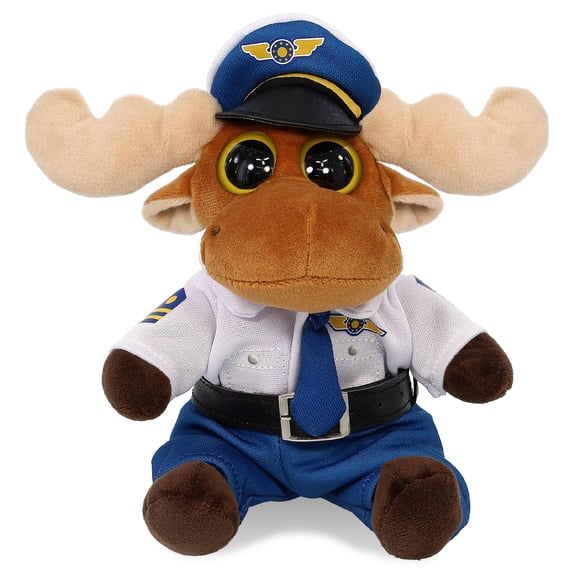 DolliBu Big Eye Moose Stuffed Animal with Pilot Costume - Cute Wildlife Animal Moose Plush Toy with Airplane Aviation Uniform Dress Up Set - 6 Inches