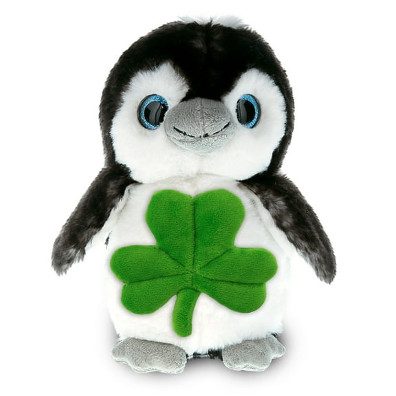 DolliBu Big Eye Penguin Stuffed Animal with Green Plush Shamrock, Cute Green Shamrock Plush, Fun St Patricks Day Stuffed Animal Penguin, Good Luck St Patricks Day Toys for Kids, Baby - 9 Inches