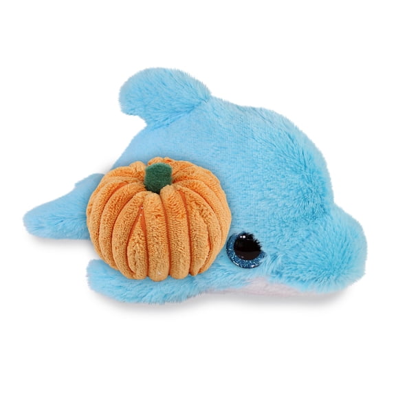 DolliBu Big Eye Plush Blue Dolphin Stuffed Animal with Pumpkin Plush Decor - Dolphin Plush Animal for Fall, Halloween and Thanksgiving, Pumpkin Toy for Baby, Kids, Adults - 5 Inches