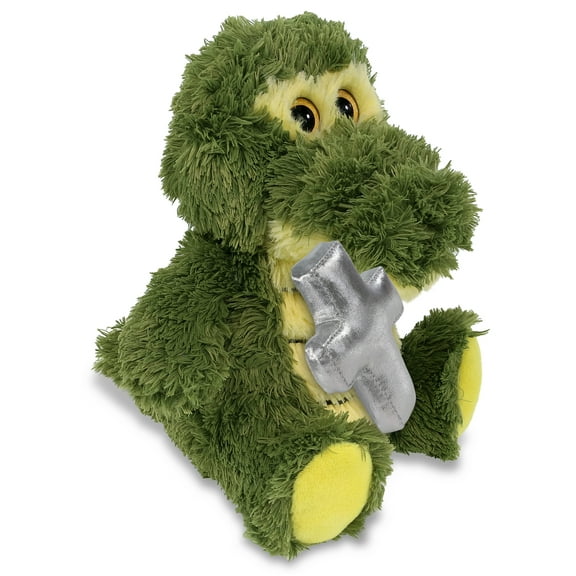 DolliBu Big Eye Sitting Alligator Stuffed Animal with Silver Cross Plush - Religious Baptism Gifts for Boys and Girls, Dedication Christening Gifts Plush Prayer Toy Healing Stuffed Animal - 6.5 Inches