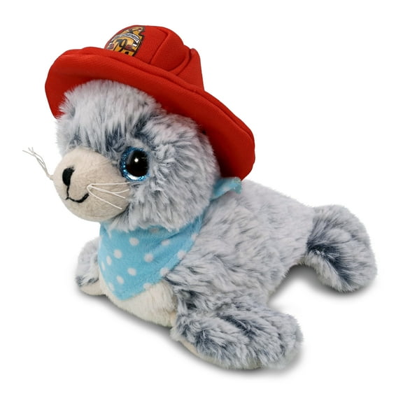 DolliBu Big Eyes Gray Sea Lion Firefighter Stuffed Animal - Super Soft Sea Lion Fireman Toy with Red Fireman Hat Outfit, Cute Ocean Life Animal Fire Fighter Doll Plush Toy for Kids and Adults - 8 Inch