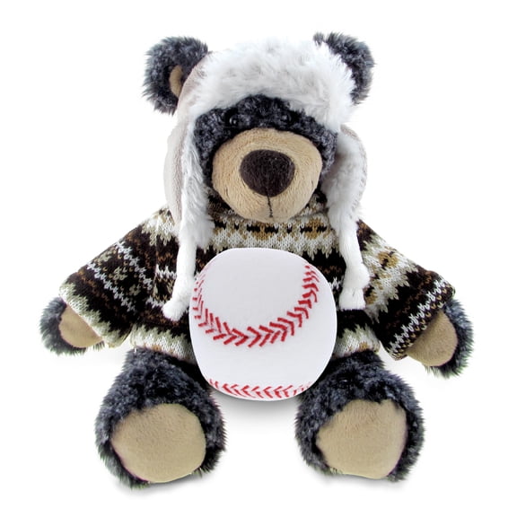 DolliBu Black Bear with Clothes Stuffed Animal with Baseball Plush - Soft and Huggable Black Bear Gift, Cute Wild Animal with Plush Baseball Toy for Kids, Adults - 9 Inches
