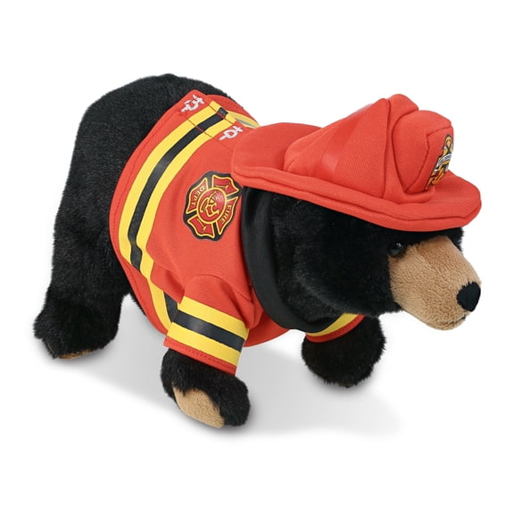 DolliBu Black Bear Firefighter Stuffed Animal - Super Soft Bear Fireman Toy with Red Fireman Costume Outfit and Fireman Hat, Wild Life Stuffed Animal Fire Fighter Doll Plush Toy for Kids - 11 Inch