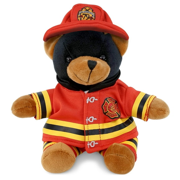 DolliBu Black Bear Firefighter Stuffed Animal - Super Soft Black Bear Fireman Toy with Red Fireman Costume Outfit and Fireman Hat, Cute Wild Life Animal Fire Fighter Doll Plush Toy for Kids - 6 Inch