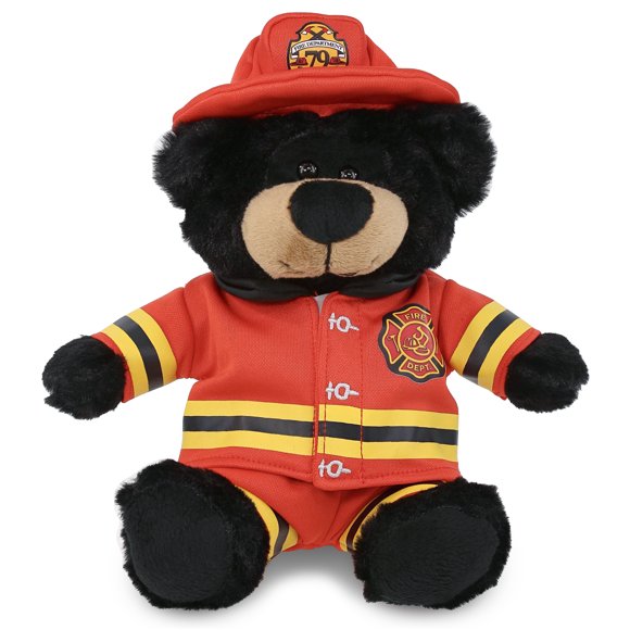 DolliBu Black Bear Firefighter Stuffed Animal - Super Soft Black Bear Fireman Toy with Red Fireman Costume Outfit and Fireman Hat, Cute Wild Life Animal Fire Fighter Doll Plush Toy for Kids - 9 Inch
