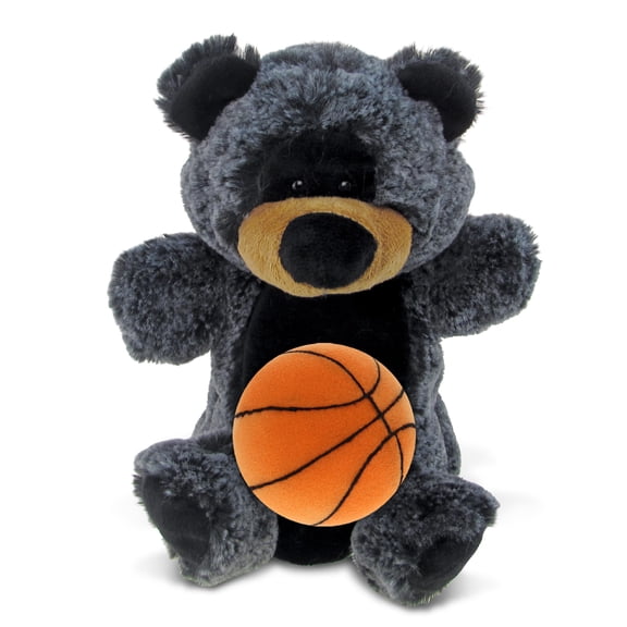 DolliBu Black Bear Hand Puppet Stuffed Animal with Basketball Plush Huggable Bear, Adorable Playtime Plush Toy, Cute Wildlife Gift Doll Animal Toy for Kids and Adults 9 Inches