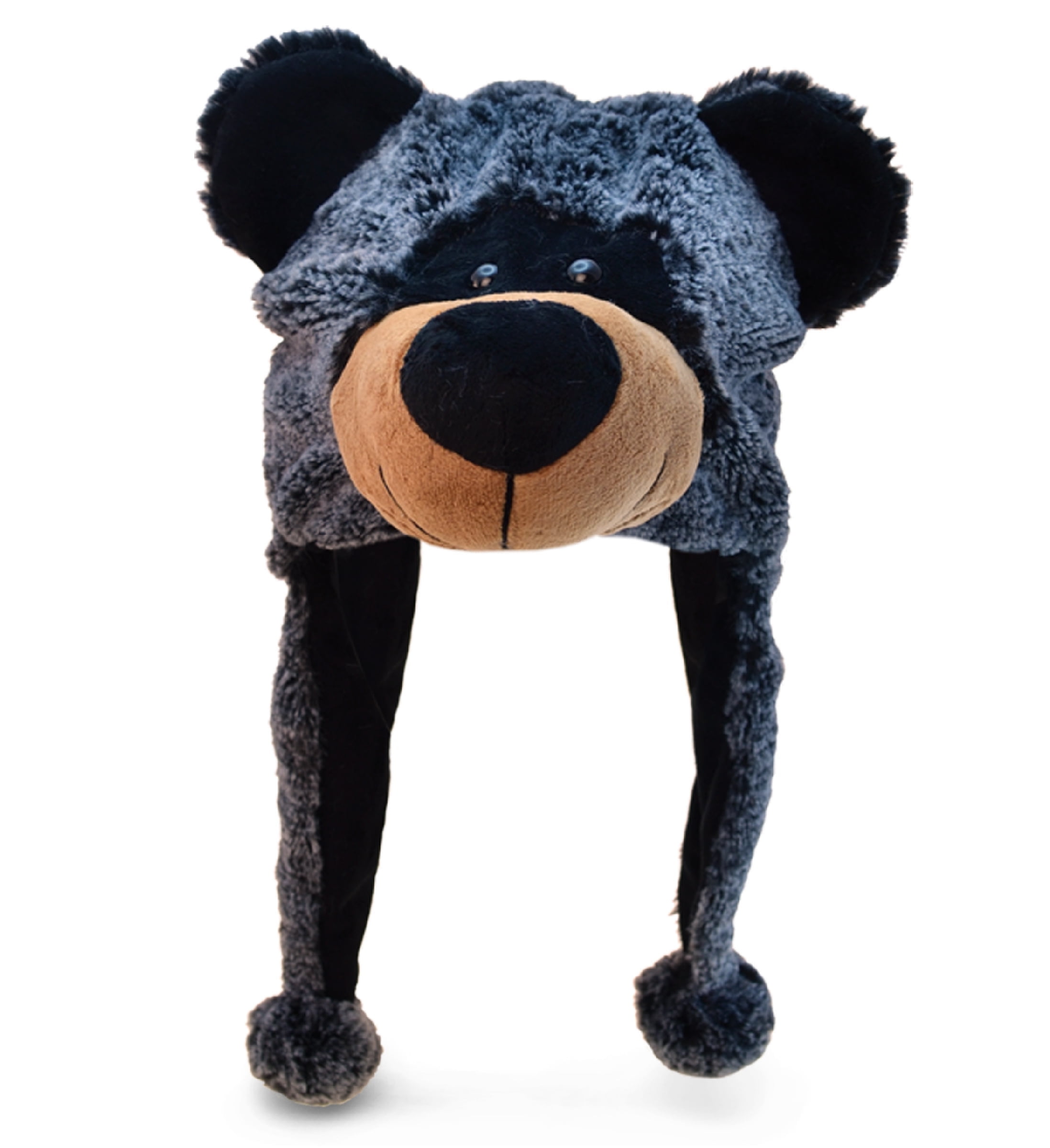 DolliBu Super Soft Black Bear Plush Hat - Fluffy Stuffed Animal Bear Halloween or Cosplay Costume Toy Hat with Ear Flaps For Kids and Teens - One Size