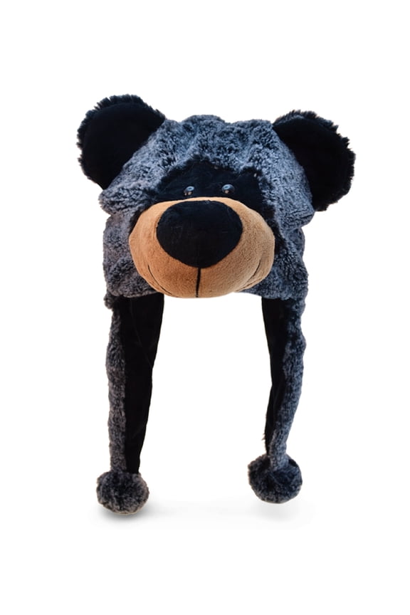 Super Soft Black Bear Plush Hat - Fluffy Stuffed Animal Bear Halloween or Cosplay Costume Toy Hat with Ear Flaps For Kids and Teens - One Size