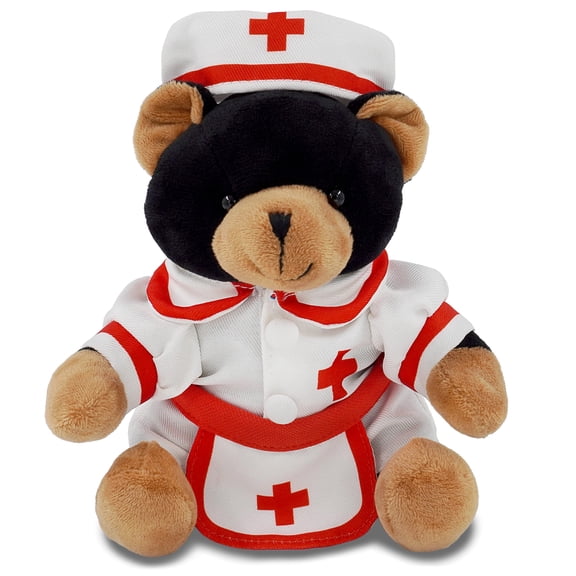 DolliBu Black Bear Plush with Nurse Stuffed Animal Dress Up Set - Hospital Costume Bear Stuffed Toy with Nurse Dress, Hat, and Apron, Get Well Plush For Kids and Adults - 6 Inches
