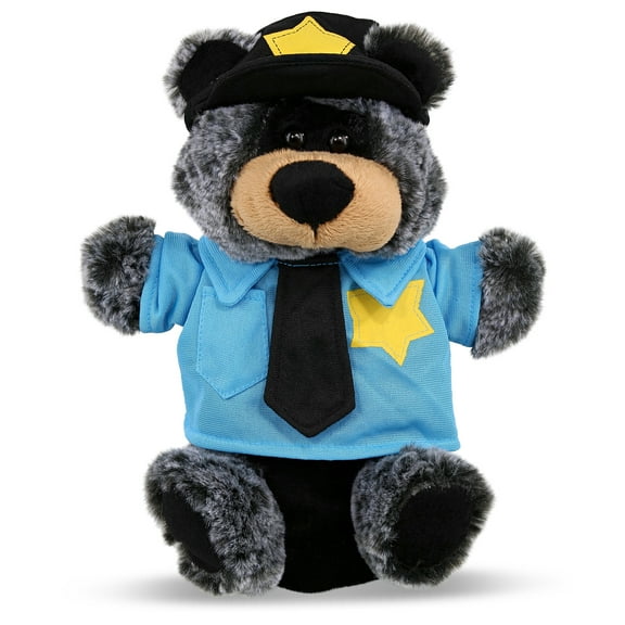 DolliBu Black Bear Police Officer Super Soft Hand Puppet Plush Toy - Soft Black Bear Cop Stuffed Animal Dress Up with Cute Cop Uniform and Cap Outfit - Sweet Plush Black Bear Cop Gift - 9 Inches
