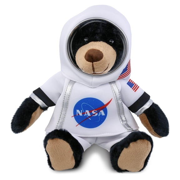 DolliBu Black Bear with Red Plaid Hoodie Astronaut Plush Toy - Super Soft Wild Life Astronaut Stuffed Animal with Space Helmet and NASA Astronaut Suit, Spaceman Doll Decor for Girls and Boys - 9 Inch