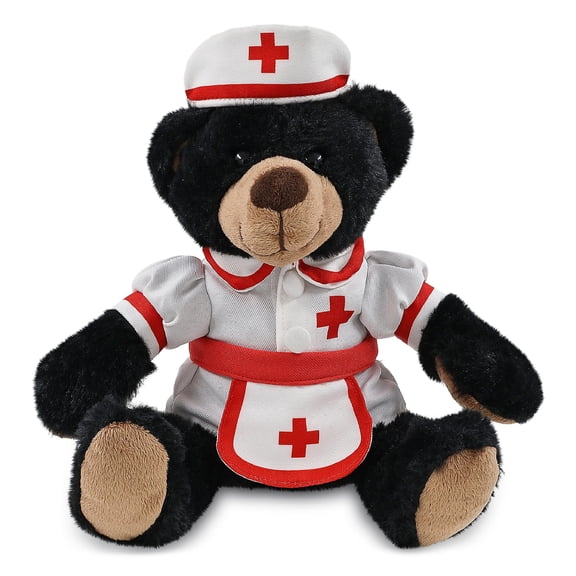 DolliBu Black Bear with Red Plaid Hoodie Plush with Nurse Stuffed Animal Dress Up Set - Hospital Costume Black Bear Stuffed Toy with Nurse Dress, Hat, and Apron Plush for Kids and Adults-9 Inch