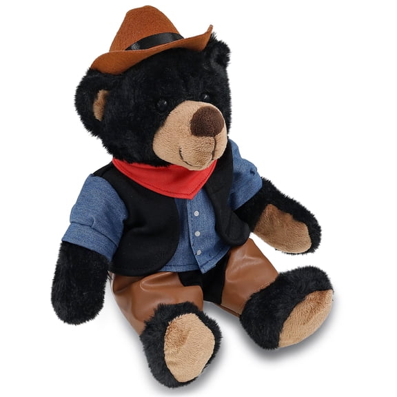 DolliBu Black Bear with Red Plaid Hoodie Stuffed Animal Cowboy Plush - Western-Themed Bear Plush with Cute Cowboy Costume Denim Shirt Vest, Bandana, Leather Pants, and Hat - 10 Inches