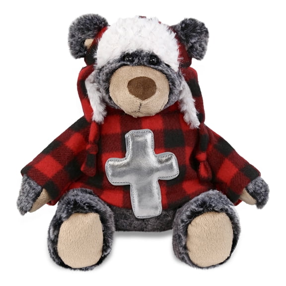DolliBu Black Bear with Red Plaid Outfit Stuffed Animal with Silver Cross Plush - Baptism Gifts for Boys and Girls, Dedication Christening Gifts Plush Prayer Toy Healing Stuffed Animal - 6 Inches