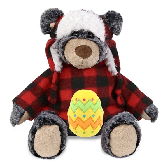DolliBu Black Bear with Red Plaid Outfit with Yellow Easter Egg Plush - Perfect Bear Stuffed Animals for Easter Basket, Cute Easter Egg Stuffed Animal Spring Toys for Girls, Boys, and Babies - 9 Inch