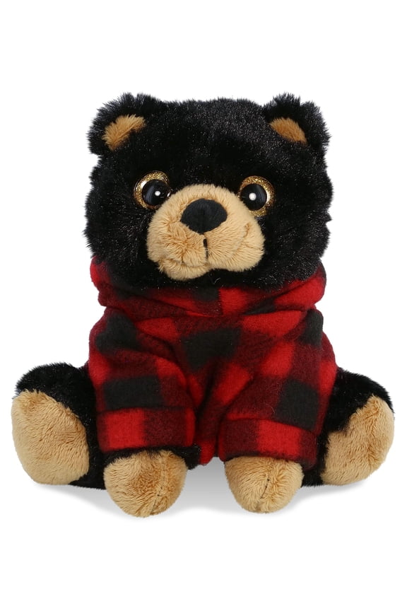 Black Bear Stuffed Animal with Red Plaid Hoodie Sweater - Cute Teddy Bear Plush Toys for Boys and Girls, Lumberjack Stuffed Toy with Plaid Jacket Dress Up - 6.5 Inches