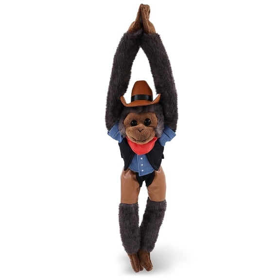 DolliBu Black Capuchin Monkey Stuffed Animal Cowboy Plush - Western-Themed Monkey Plush with Cute Cowboy Costume Denim Shirt Vest, Bandana, Leather Pants, and Hat - 21 Inches