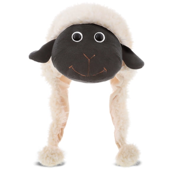 DolliBu Black Nose Sheep Plush Hat - Super Soft Warm Hat with Ear Flaps, Funny Plush Party Crazy Hat, Stuffed Animal Halloween Costume Funny Toy Hat, Cozy Fleece Winter Hat for Kids & Teens - One Size