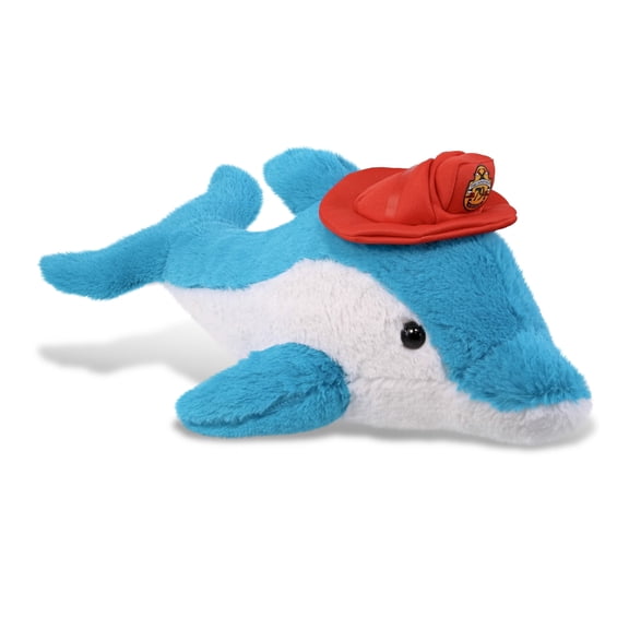 DolliBu Blue Dolphin Firefighter Stuffed Animal - Super Soft Dolphin Fireman Toy with Red Fireman Hat Outfit, Cute Ocean Life Animal Fire Fighter Doll Plush Toy for Kids and Adults - 18 Inch