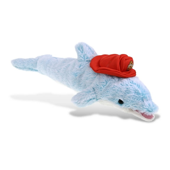 DolliBu Blue Dolphin Firefighter Stuffed Animal - Super Soft Dolphin Fireman Toy with Red Fireman Hat Outfit, Cute Ocean Life Animal Fire Fighter Doll Plush Toy for Kids and Adults - 14 Inch