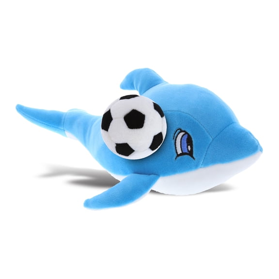 DolliBu Blue Dolphin Stuffed Animal with Soccer Ball Plush - Soft Huggable Dolphin, Adorable Playtime Dolphin Plush Toy, Cute Ocean Life Gift, Baby Soft Plush Doll Toy for Kids and Adults - 12 Inches