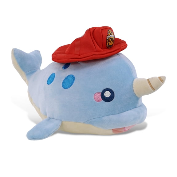 DolliBu Blue Narwhal Firefighter Stuffed Animal - Super Soft Narwhal Fireman Toy with Red Fireman Hat Outfit, Cute Ocean Life Animal Fire Fighter Doll Plush Toy for Kids and Adults - 12 Inch