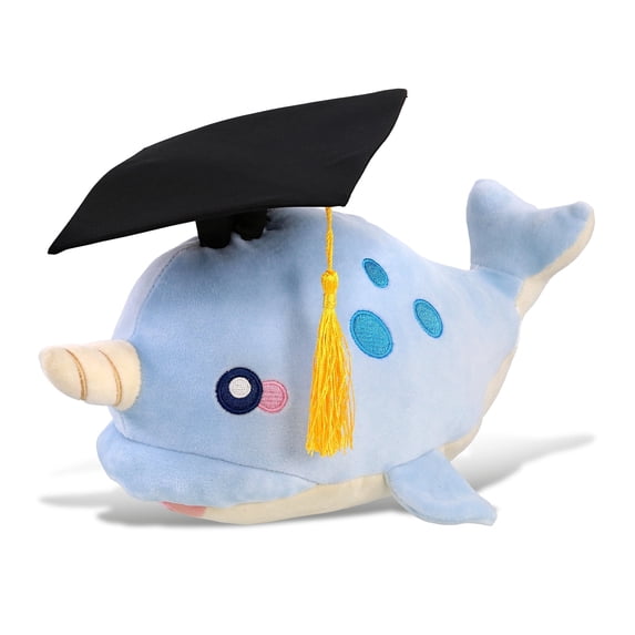 DolliBu Blue Narwhal Graduation Plush Toy - Baby Soft Plush Graduation Stuffed Animal Dress Up with Graduation Cap with Tassel Outfit - Congratulatory Graduation Gift - 11.75 Inch