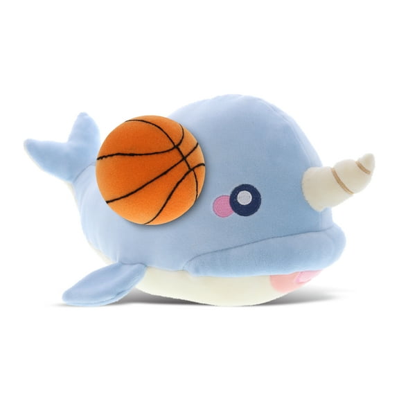 DolliBu Blue Narwhal Stuffed Animal with Basketball Plush - Soft Huggable Narwhal, Adorable Playtime Plush Toy, Cute Wildlife Gift, Plush Doll Animal Toy for Kids and Adults - 11.75 Inch