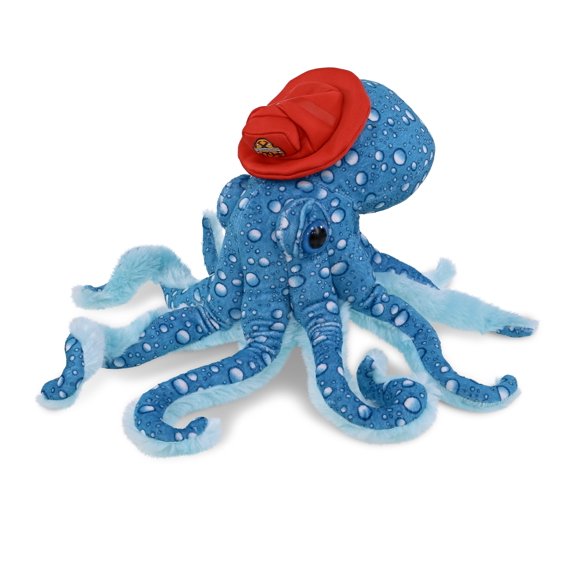 DolliBu Blue Octopus Firefighter Stuffed Animal - Wild Collection Blue Octopus Fireman Toy with Red Fireman Hat Outfit, Cute Ocean Life Animal Fire Fighter Doll Plush Toy for Kids and Adults- 16 Inch