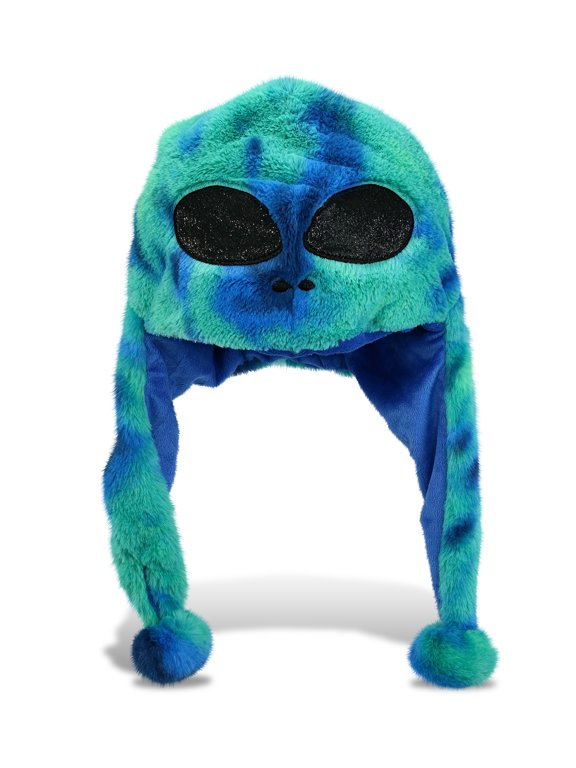 Blue Tie-Dye Alien Plush Hat - Stuffed Animal Winter Hat, Novelty Alien Hat with Cozy Fleece, Warm Fluffy Beanie, Funny Adults and Kids Hat with Ear Flaps for Halloween or Cosplay - One Size