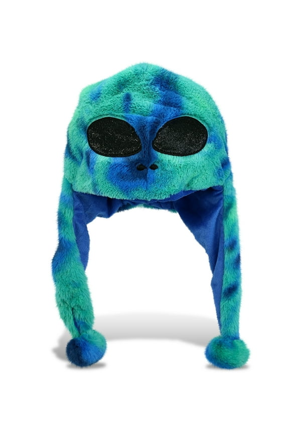 Blue Tie-Dye Alien Plush Hat - Stuffed Animal Winter Hat, Novelty Alien Hat with Cozy Fleece, Warm Fluffy Beanie, Funny Adults and Kids Hat with Ear Flaps for Halloween or Cosplay - One Size