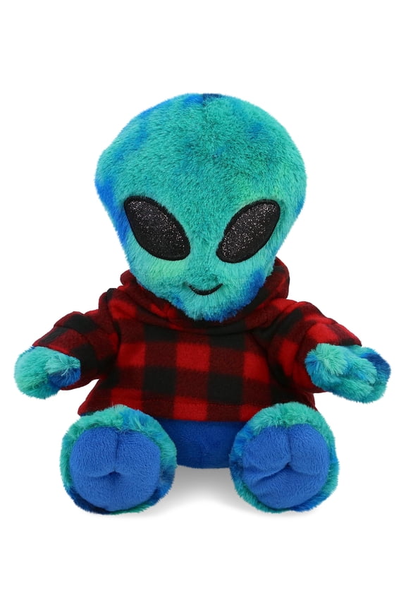 Blue Tie-Dye Alien Stuffed Toy with Plaid Red Hoodie Sweater - Cute Alien Plush Lumberjack Stuffed Toy with Plaid Jacket Dress Up for Christmas, Holiday, Winter - 9 Inches
