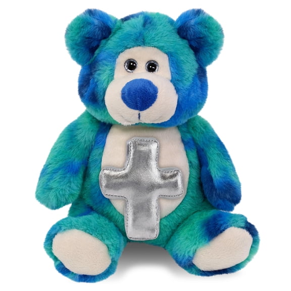 DolliBu Blue Tie-Dye Bear Stuffed Animal with Silver Cross Plush - Religious Baby Baptism Gifts for Boys and Girls Dedication Christening Gifts Plush Prayer Toy Healing Stuffed Animal 9 Inches