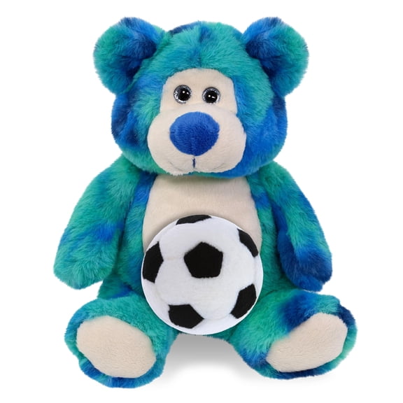 DolliBu Blue Tie-Dye Bear Stuffed Animal with Soccer Ball Plush - Huggable Bear Adorable Playtime Plush Toy, Cute Wildlife Gift, Super Soft Stuffed Doll Animal Toy for Kids, Adults - 9 Inches