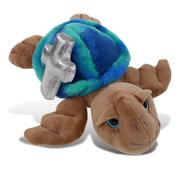 DolliBu Blue Tie-Dye Brown Sea Turtle Stuffed Animal with Silver Cross Plush - Religious Baptism Gifts for Boys and Girls, Dedication Christening Gifts Plush Prayer Healing Stuffed Animal - 10 Inches